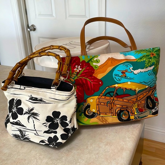 Bags 2 Hawaiian Theme Purses Handbag Bamboo Handle Cotton Surf Hawaii